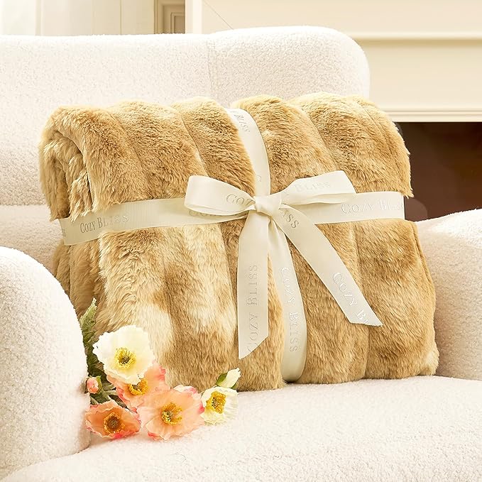 Cozy Bliss Deluxe Striped Rabbit Faux Fur Throw Blanket, Soft Fluffy Warm Plush Blanket for Winter, Modern Homr Decor, Tie-dye Khaki 60"x80"