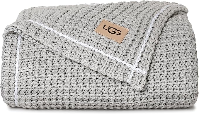 UGG Luna Knit Blanket Throw Cotton Chunky Soft Throw for Couch or Bed Cozy Warm Waffle Giftable Lightweight Blanket for Living Room Bedroom or Dorm Machine Washable, 50-inch x 70-inch, Stone Grey