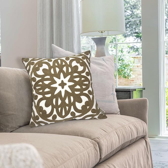 Alysheer Embroidered Summer Decorative Throw Pillow Covers 18"x18" Set of 2, Classic Boho Mandala Green Pattern Cotton Canvas Chic Cushion Cases for Sofa Couch Bed Living Room Decor (Taupe Khaki)