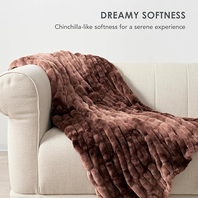 EVERGRACE Luxurious Soft Faux Rabbit Fur Throw Blanket, Cozy Fuzzy Plush Warm Throws for Couch Bed Sofa Chair Home Decor, Ruched Bubble Fluffy Blanket with Reversible Velvet, 50" x 60", Mocha Brown