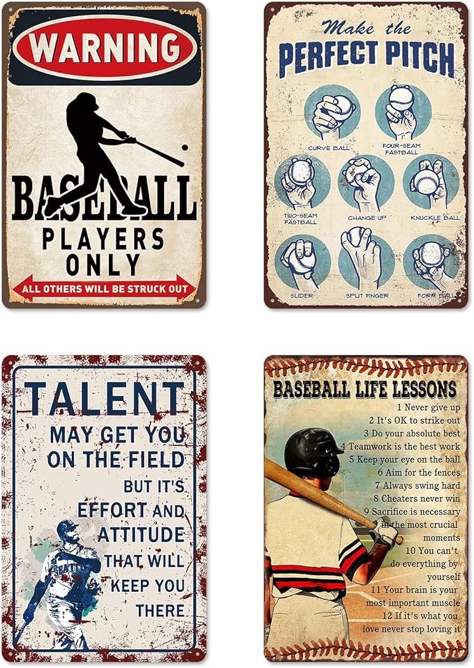 4 Pcs Baseball Metal Tin Signs Baseball Room Decor for Boys Vintage Sports Wall Art for Men Baseballs Player Poster Gifts for Boys 8-12 Baseballs Sign Accessories Decorations for Bedroom 12x8 Inch