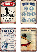 4 Pcs Baseball Metal Tin Signs Baseball Room Decor for Boys Vintage Sports Wall Art for Men Baseballs Player Poster Gifts for Boys 8-12 Baseballs Sign Accessories Decorations for Bedroom 12x8 Inch