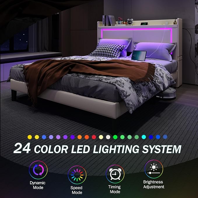 Queen Bed Frame with Headboard and Wheeled Nightstand, PU Leather Upholstered Platform Bed with LED&Charging Station for Bedroom, No Box Spring Needed, Noise Free, Suit for Couple/Single, Beige