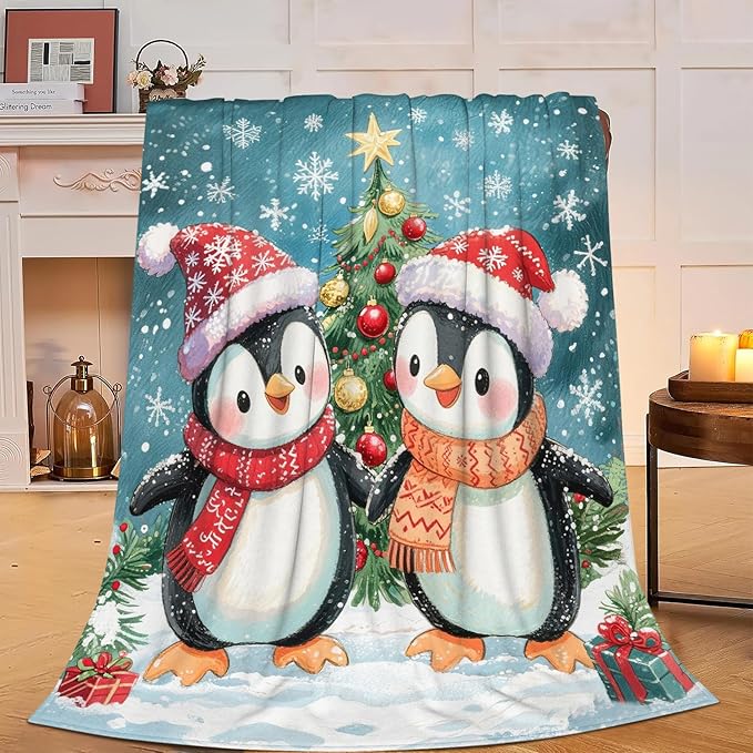 Penguin Throw Blanket - Soft Plush Fleece Christmas Winter Blankets- Cozy Penguin Stuff Gifts for Women Girls Kids 50"X60"