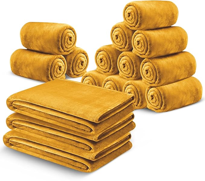 MOONLIGHT20015 Fleece Blanket 16 Pack - Soft Fluffy Mustard Throw Blanket for Couch & Sofa - Lightweight Luxury 400 GSM Microfiber Fuzzy Bed Blankets and Throws (50 x 60 Inches, Throw/Travel)