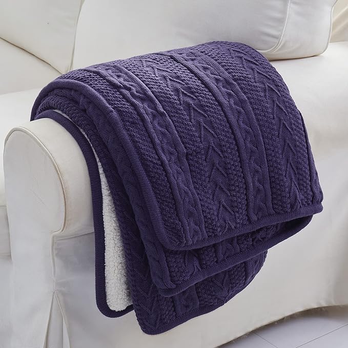 Longhui bedding Acrylic Cable Knit Sherpa Throw Blanket - Thick, Soft, Big, Cozy Knitted Fleece Blankets for Couch, Sofa, Bed - Large 60 x 80 Inches Coverlet All Season,Purple