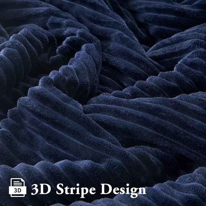 LBRO2M Striped Sherpa Fleece Bed Blanket Twin Size, Super Soft Fuzzy Plush Warm Cozy Fluffy Microfiber Couch Throw Velvet Double Reversible Luxurious Blankets (65x90),Navy Blue