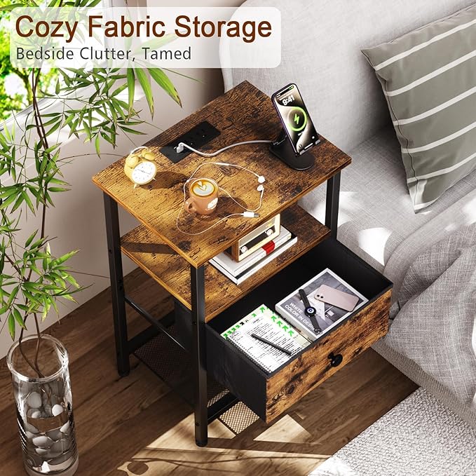 Night Stand with Charging Station, Small Bedside Table with Fabric Drawer, Nightstand with USB Ports & Outlets for Bedroom, Living Room, Brown, HETS010BR-1