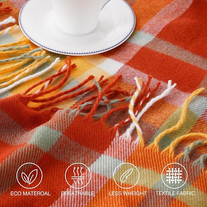 BATTILO HOME Fall Blanket Throw for Couch, Orange Plaid Throw Blankts, Burnt Orange Throw Blankets Farmhouse Style, Super Soft Decorative Multicolor Throw for Fall Decoration 50"x60"