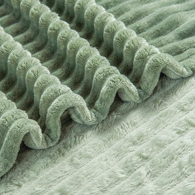Bnuitland Sage Green Fleece Throw Blanket 90"x90",300GSM Soft Cozy Warm Lightweight Stripe Pattern for Bed Sofa Home Decor,Suitable for Adults Family All Season