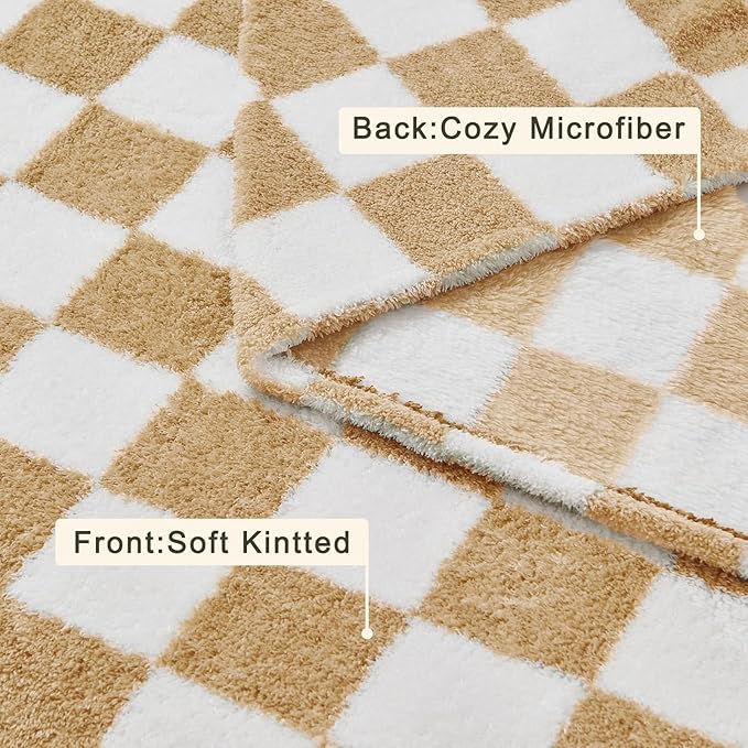 EMME Checkered Blanket Throw - 50"x60" Beige Knit Blanket Soft Fluffy Patterned Throw Blankets for Couch, Sofa, Chair, Bed, Camping, Picnic, Travel