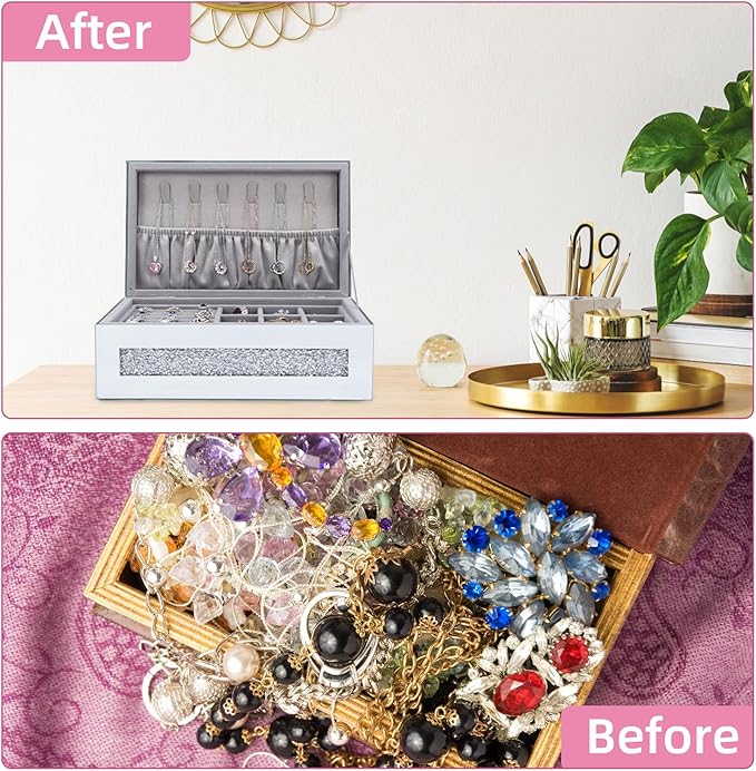 Glam Rhinestone Crystal Silver Glass Jewelry Box, Sparkly Blinged Out Mirror Jewelry Box for Women, Elegant Jewel Box for Romantic Gifting & Decorative Storage