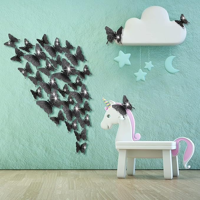 BBTO 48 Pieces Butterfly Wall Decor DIY 3D Mirror Butterfly Stickers Removable Decals Crafts for Birthday Party Bedroom School Bathroom Living Room Decor(Glitter Black)