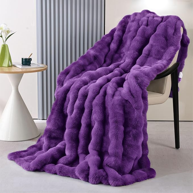 Fluffy Furry Purple Faux Fur Throw Blanket for Couch Bed 50x60 Fuzzy Bubble Soft Blanket for Adults Gift Home Living Room Decorative Decor 860 GSM