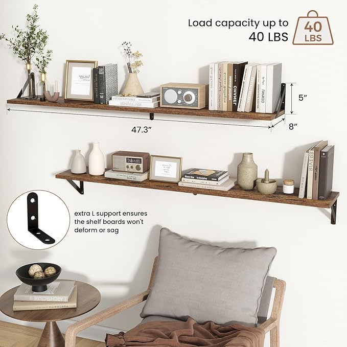 Axeman 48 Inch Floating Shelves | 8 Inch Deep Brown Wall Shelves Set of 2 | 47.3" W x 8" D Rustic Brown Wood Shelves for Bathroom Kitchen Living Room