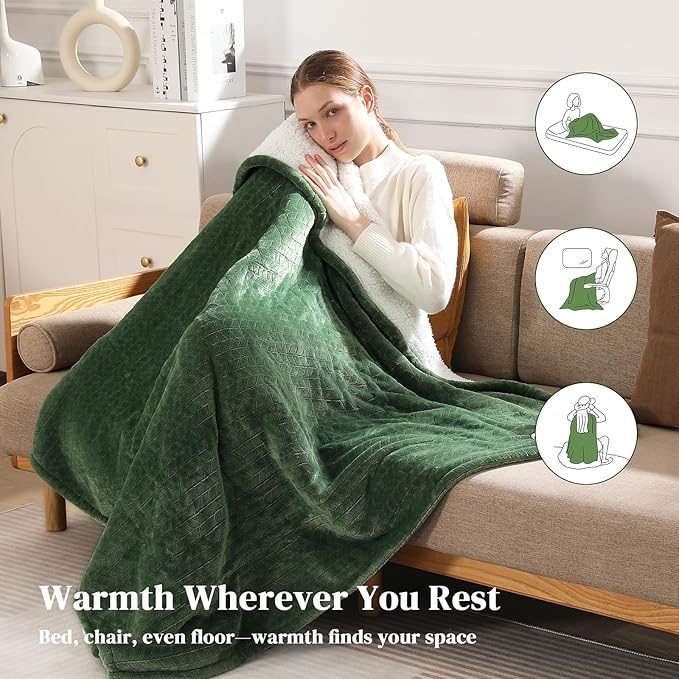 Twin Electric Blanket 62"x84" Heating Blanket Twin, Wheat Pattern Ultra-Soft Flannel & Thick Sherpa with 5 Heat Settings & 10 Hour Auto Shut-Off, ETL & FCC Certified, Machine Washable Home Use, Green