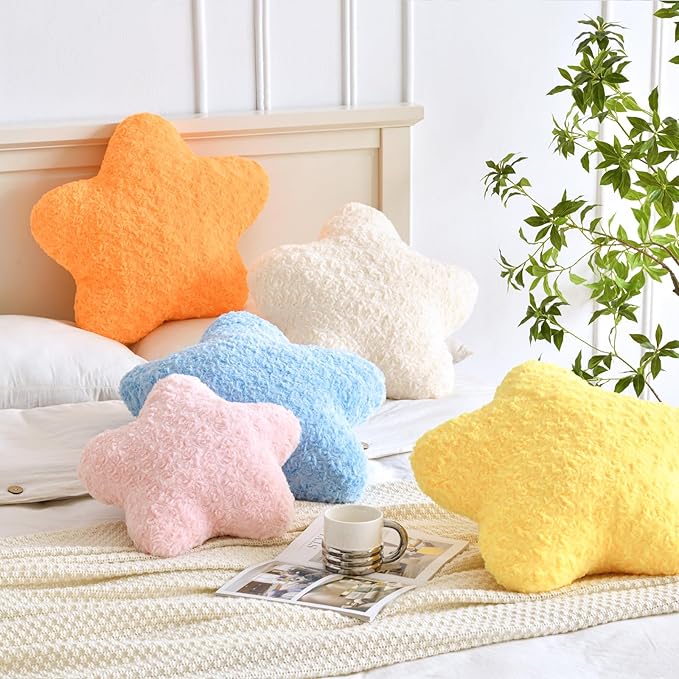 Star Pillow, 14.9" Star Shaped Plush Pillow for Couch Bed Sofa, Cute Decorative Throw Pillows with Soft Faux Fur Room Decor for Bedroom Living Room (Blue)