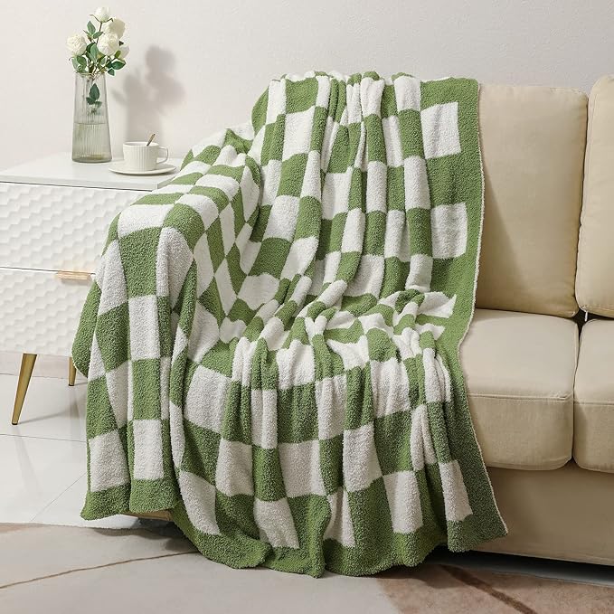 bearberry Fuzzy Checkerboard Grid Throw Blanket Knitted Soft Cozy Warm Microfiber Bed Blanket Decor for Couch Sofa Bed Travel Home (Avocado Green, 60''x80'')