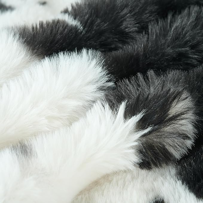 Lotus Karen Faux Fur Throw Blanket Cow Print-Black, Fluffy Fuzzy Plush Bubble Blanket for Couch, 90x90 InchesCozy Shaggy Rabbit Blanket, Luxury Decorative Gifts for Sofa Bedroom Living Room.