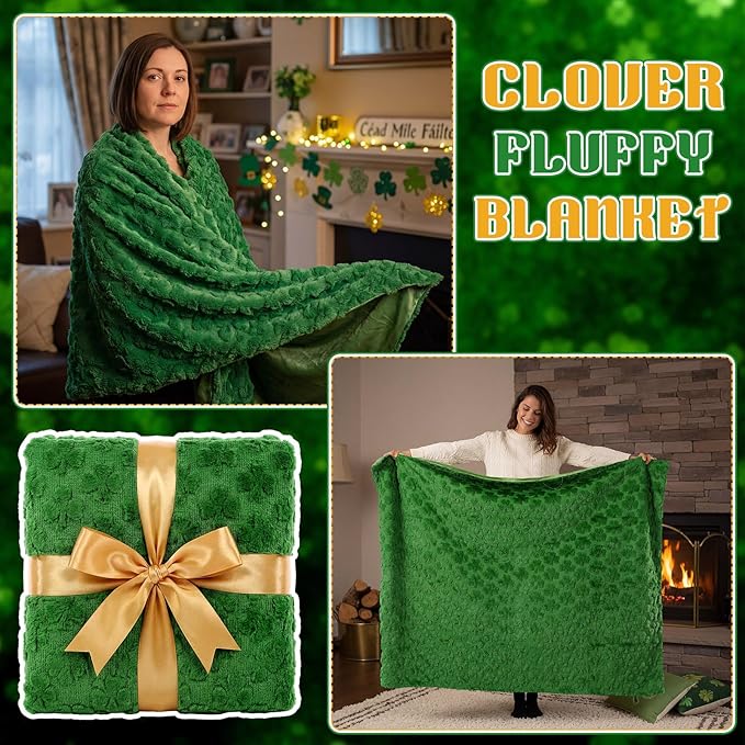 St. Patrick's Day Throw Blanket 50 x 60 Inch Irish Green Shamrock Blanket Velvet Faux Rabbit Fur Soft Lightweight for Home Living Room Couch Sof Bedding St. Patrick's Day Decor