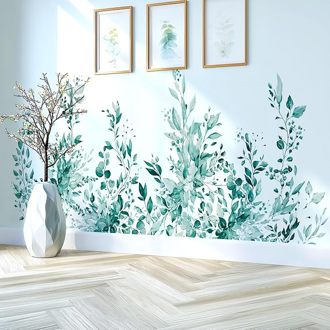 Teal Plants Leaves Wall Decals Peel and Stick, Large Floral Flowers Vinyl Wall Stickers, Removable Vine Home Decor Art for Bedroom Living Room Classroom Office