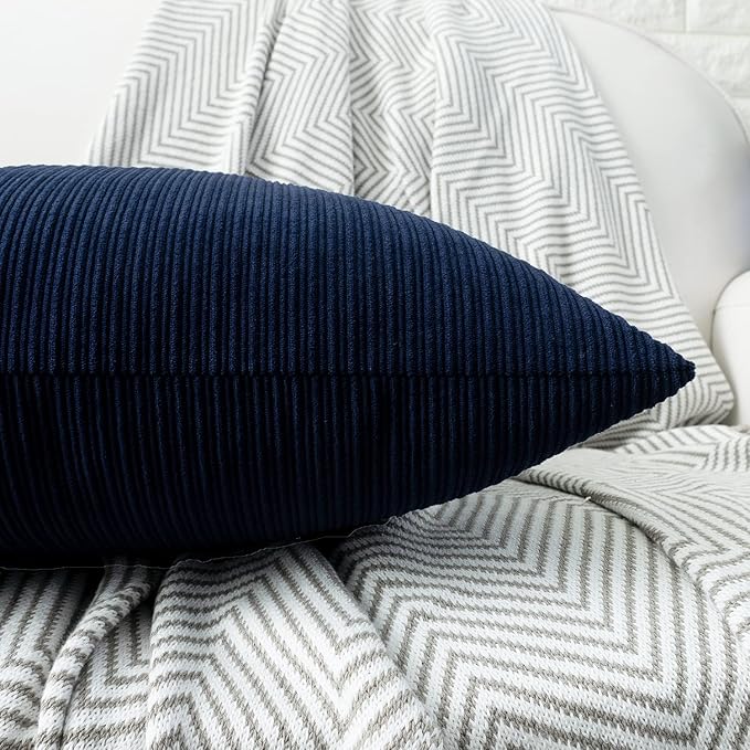 HWY 50 Navy Blue Decorative Rectangle Throw Pillow Covers Set Cushion Cases with Triple Buttons 12x20 Inch, Chenille Soft Farmhouse Accent Pillowcase for Couch Sofa Bed Pack of 2