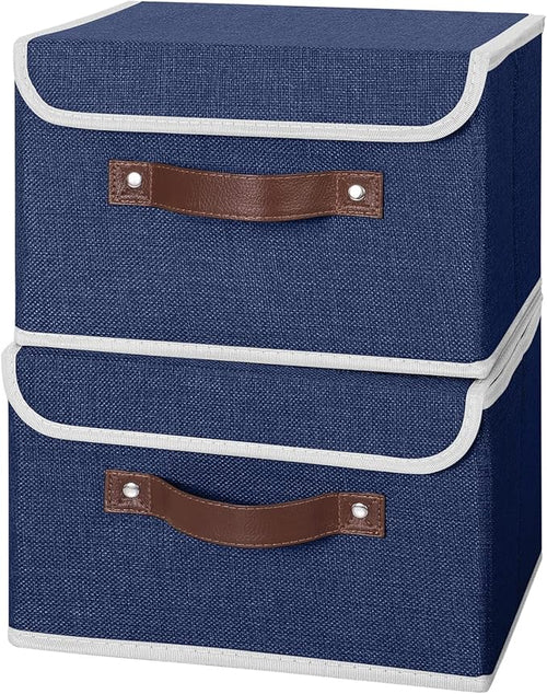 ANMINY 2PCS Storage Bins with Lid PU Leather Handles Storage Boxes PP Plastic Board Decorative Foldable Lidded Cotton Linen Fabric Home Cubes Baskets Closet Organizer Containers - Blue, Small Size
