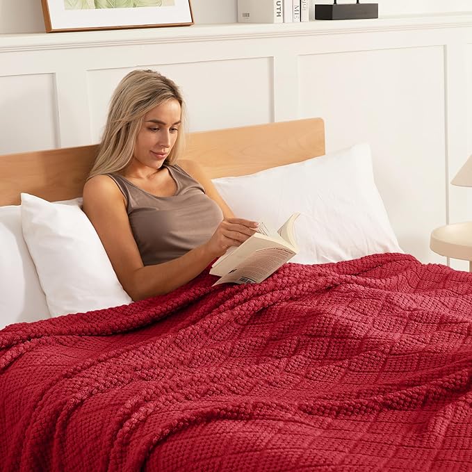 Whale Flotilla Fuzzy Fleece King Size Blanket for Bed, Soft Fluffy Jacquard Waffle Blankets for All Season, Lightweight and Warm, 90x104 Inch, Red