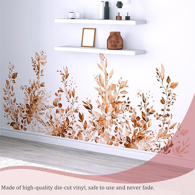 Orange Plants Leaves Wall Decals Peel and Stick, Large Floral Flowers Vinyl Wall Stickers, Removable Vine Home Decor Art for Bedroom Living Room Classroom Office