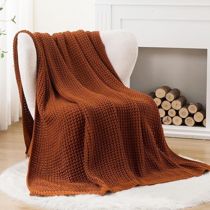 Bunnikins & Clover Knitted Waffle Blanket Throw, Fall Throw Blanket for Home Decoration, Caramel Throw Blanket for Couch, 50"x60"