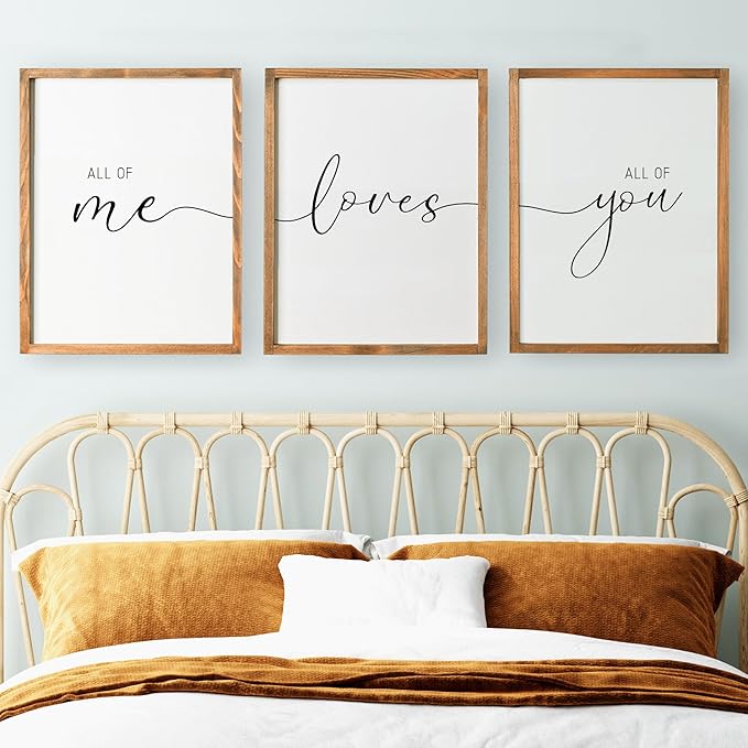 Set of 3 Framed Farmhouse All of Me Loves All of You Sign 11x14” Above Bed Wall Decor for Bedroom Decor Wall Art Wood Signs (11x14, Brown)