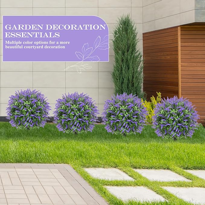 Artificial Topiary Bushes for Outdoors with Spike, Boxwood Ball Fake Shrubs UV Resistant Faux Plants for Indoor Outdoor Fall Thanksgiving Halloween Decor (Lavender Boxwood Purple-2 Packs)