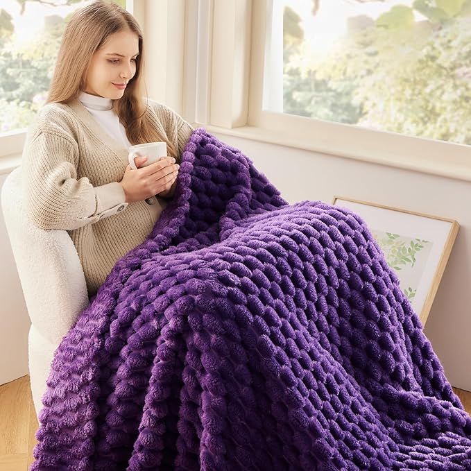 NEWCOSPLAY Super Soft Twin Blanket Purple Premium Silky Flannel Fleece 3D Clouds Stylish Jacquard Lightweight Bed Blanket All Season Use 350GSM (Purple, Twin(60"x80"))