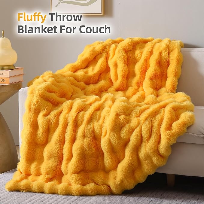 Smoofy Faux Fur Throw Blanket for Couch – Mustard Yellow Fluffy Cozy Rabbit Fleece, Plush Soft Bubble Blanket for Sofa & Bed, for Mom, Warm Fuzzy Home Room Decor Throw 60" x 80"