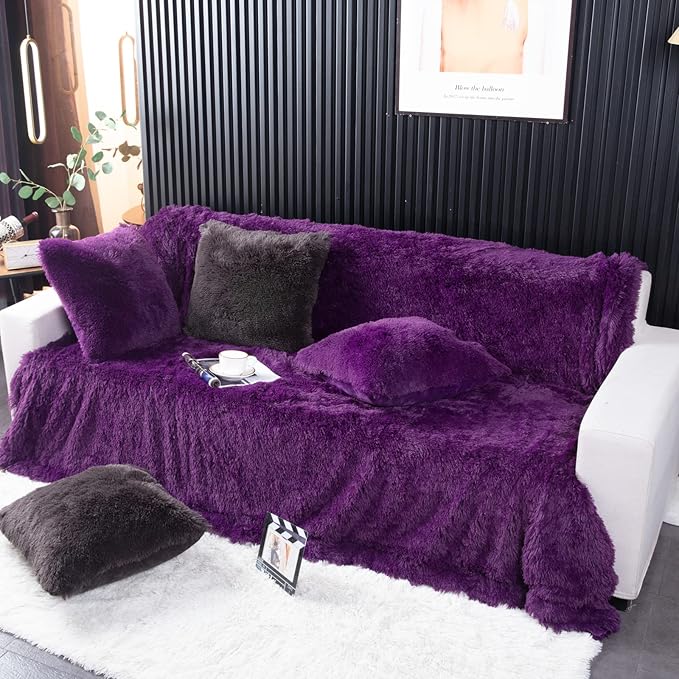 YUSOKI Long Faux Fur Throw Blanket for Sofa Couch,2 Layers,2.1lb,All Ages,Home Decoration, (Purple,50" x 60")