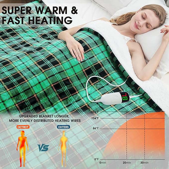 OCTROT Green Heated Blanket Electric Throw 50X60, Heating Blanket for Couch, Plaid Sherpa Winter Blankets Warmer, 10 Levels & 8-Hour Auto Off, for Mom Women, Home Decor for Couch Bed Office