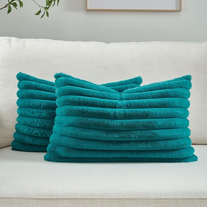 FUTEI Teal Green Decorative Throw Pillow Covers Set of 2, 12x20 Inch Soft Fluffy Faux Fur Plush Striped Lumbar Pillowcases, Modern Home Decor for Couch Bed Living Room