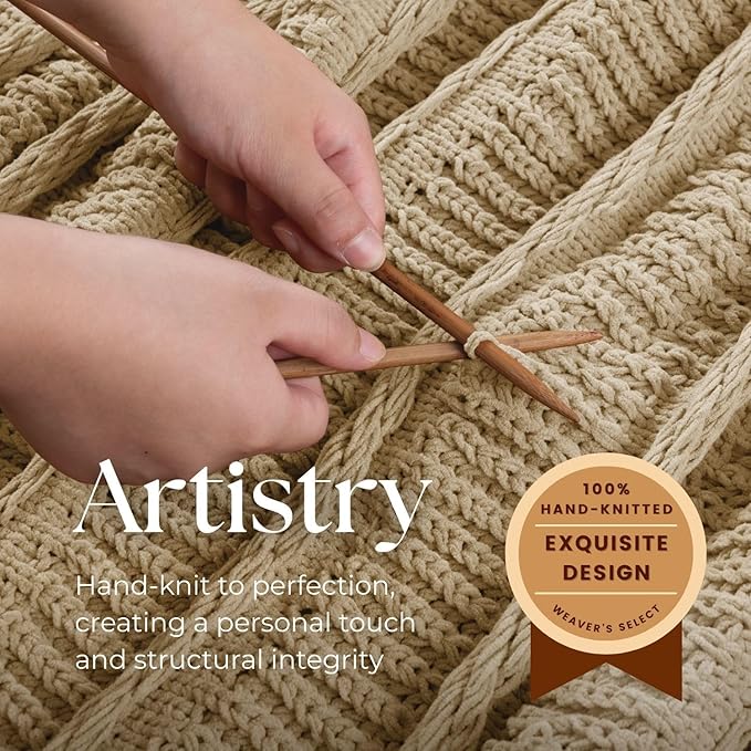 Boho Knitted Chenille Blanket with Tassels - Lightweight & Soft All-Season Throw - 3D Classic Pattern for Living Room Bedroom Couch, Sandy Beige, Twin 60"x80"