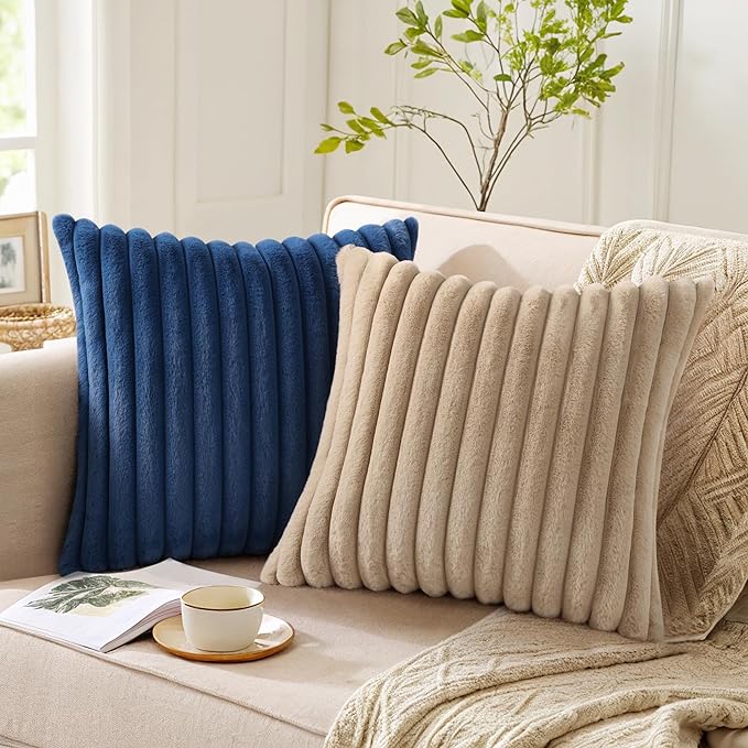 Pallene Faux Fur Plush Throw Pillow Covers 18x18 Set of 2, Luxury Soft Fluffy Striped Decorative Pillow Covers for Sofa, Couch, Living Room, Khaki