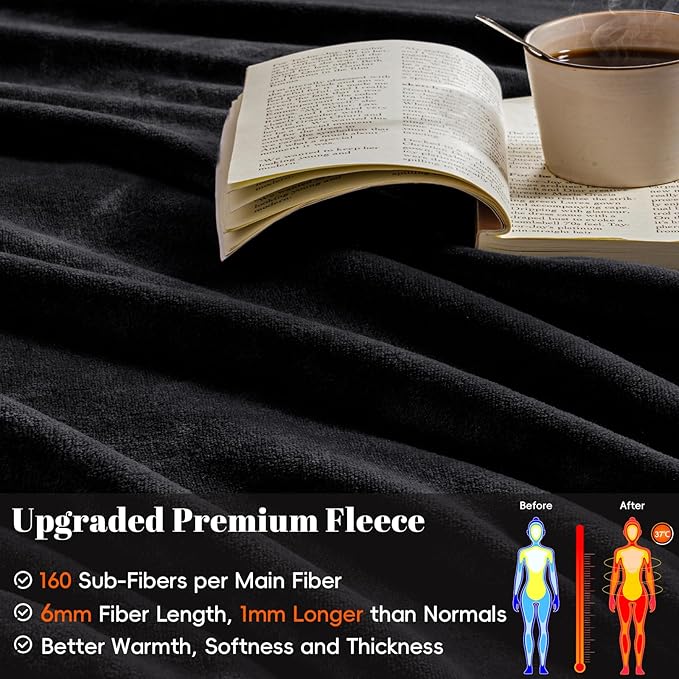 PHF Ultra Soft Fleece Throw Blanket, No Shed No Pilling Luxury Plush Cozy 300GSM Lightweight Blanket for Bed, Couch, Chair, Sofa Suitable for All Season, 50" x 60", Black