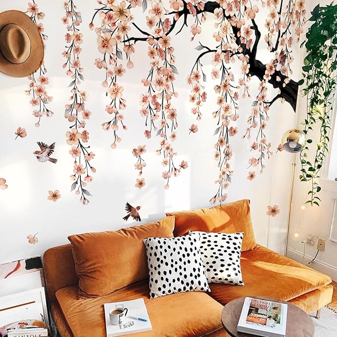 Large Cherry Blossom Tree Wall Stickers,4 Sheets Spring Light Pink Flower Bird Wall Decals Peel and Stick Waterproof Wall Murals Decor for Living Room Bedroom (Light Pink, 11.8*35.4inch)