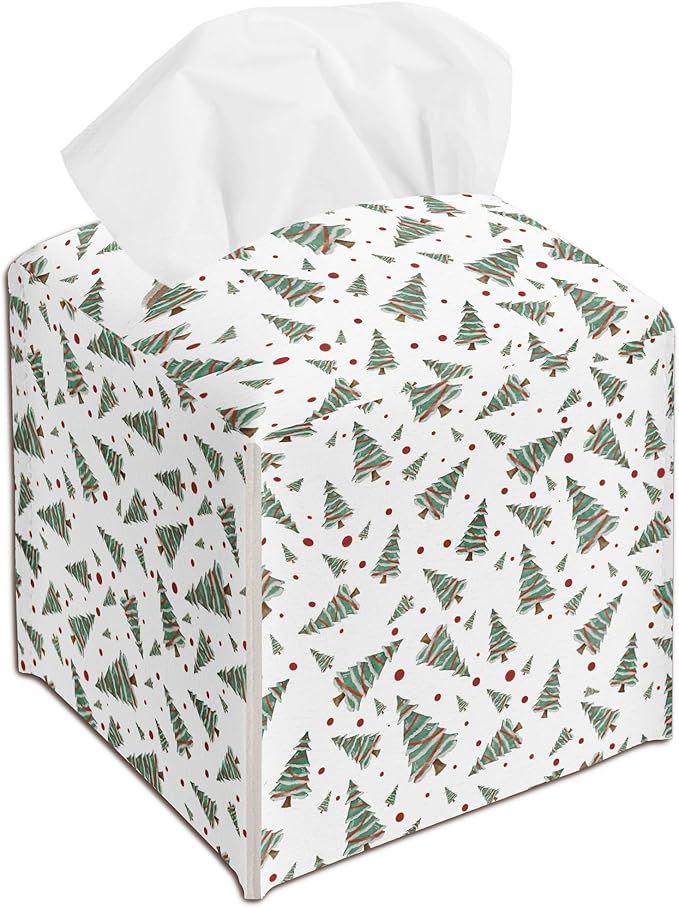 White Christmas Trees Tissue Box Cover Holder, Christmas Leather Tissue Box Cover Square, Xmas Gift Ideas for Family Friends, Bathroom Kitchen Car Office Home Table Decor(5.2 Inches)-B10