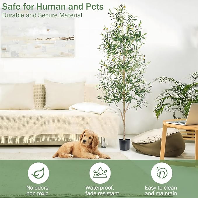 Faux Olive Tree 6FT, Artificial Potted Tree with Planter, Silk Plants Indoor Outdoor, Lifelike Olive Plants with Natural Wood Trunk, Fruits and Buds, Home Office Decor, 1 Pack