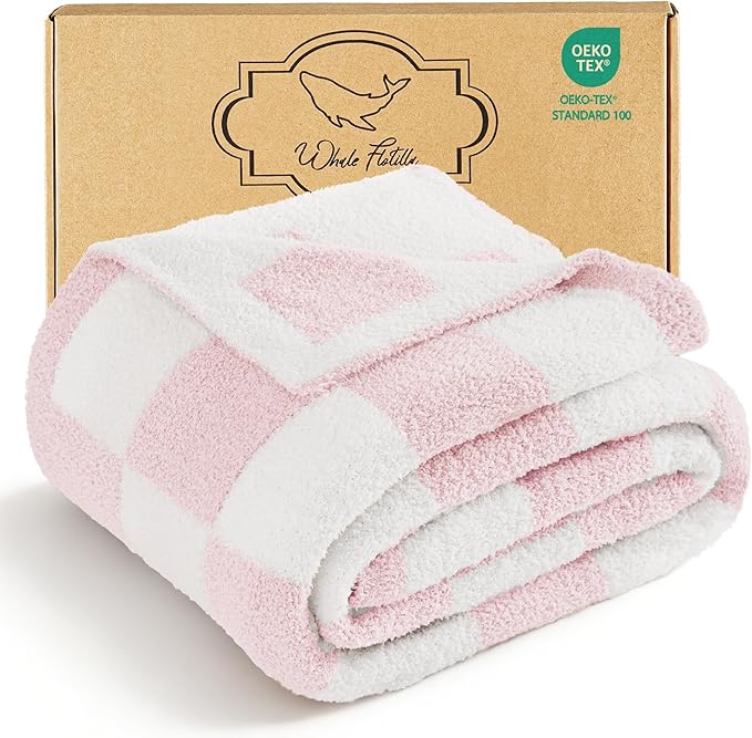 Whale Flotilla Checkered Knit Throw Blanket, Ultra Soft Warm Reversible Cozy Decorative Blankets for Couch Sofa and Bed, 50x60 Inch, Pink