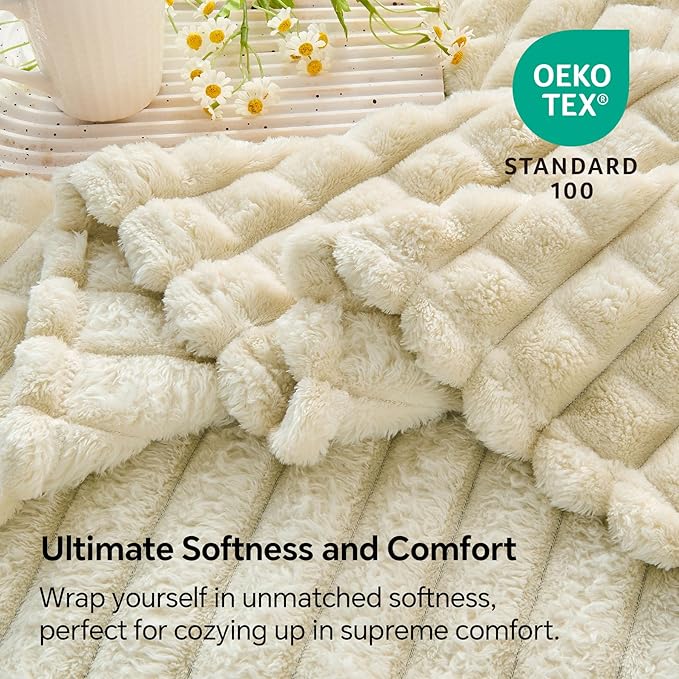 BEDELITE Beige Throw Blanket for Couch and Bed- Super Soft and Warm 3D Checkered Fluffy Fuzzy Fleece Blanket, Luxurious Plush Cozy Blanket for Room Decor Spring, 50x60 inches