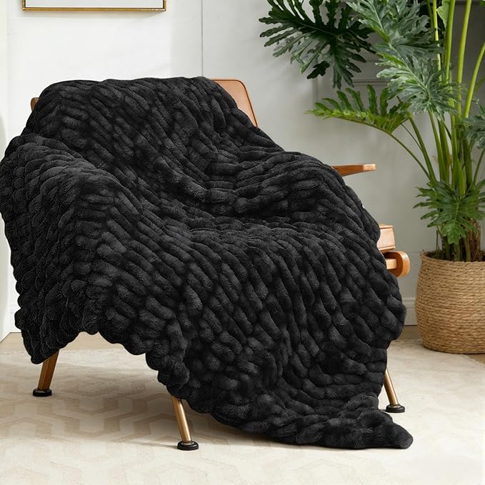 Ultra Soft Luxury Faux Fur Throw Blanket for Couch, Fuzzy Fluffy Plush Warm Cozy Ruched Blanket for Sofa Bedroom Living Room, Elegant Gift Idea for Women (50"x60",Tie-dye Black)