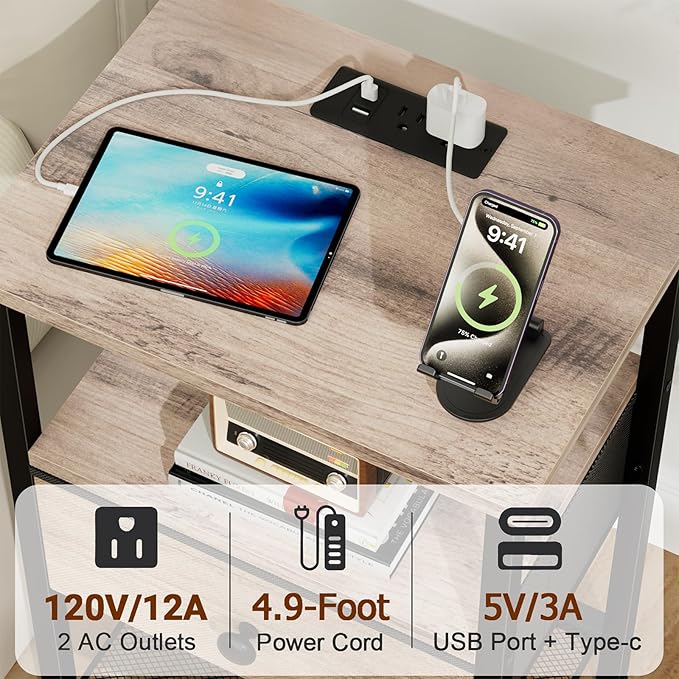 Night Stand with Charging Station, Small Bedside Table with Fabric Drawer, Nightstand with USB Ports & Outlets for Bedroom, Living Room, Grey, HETS010GY-1