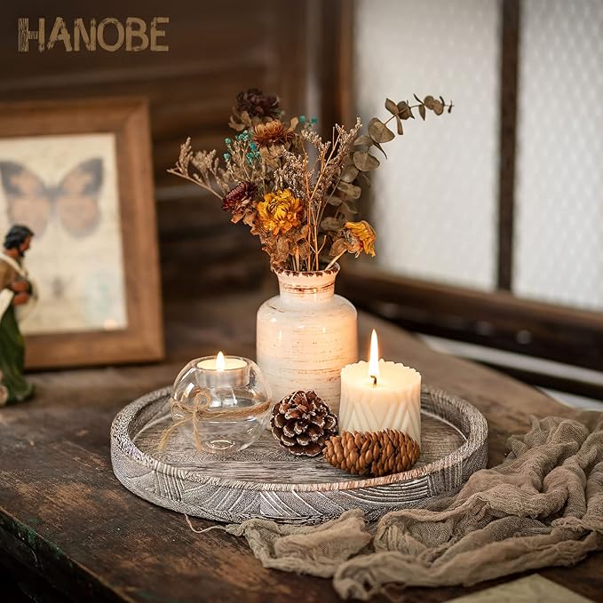 Hanobe Candle Plate Holder Tray: Decorative Wooden Tray Rustic Round Plate Farmhouse Centerpiece Small Candle Holder Trays for Coffee Table Living Room Kitchen Vintage Home Decor