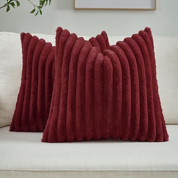 FUTEI Burgundy Decorative Throw Pillow Covers Set of 2, 28x28 Inch Soft Fluffy Faux Fur Plush Striped Euro Pillow Shams, Modern Home Decor for Couch Bed Living Room