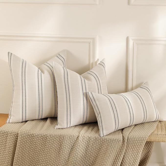 Hckot Hand Made Throw Pillow Covers 12x20 Set of 2 Striped Pillow Covers Textured Linen Decorative Pillows Lumbar Cushion Covers for Sofa Couch Bed Living Room Farmhouse Decor, Grey